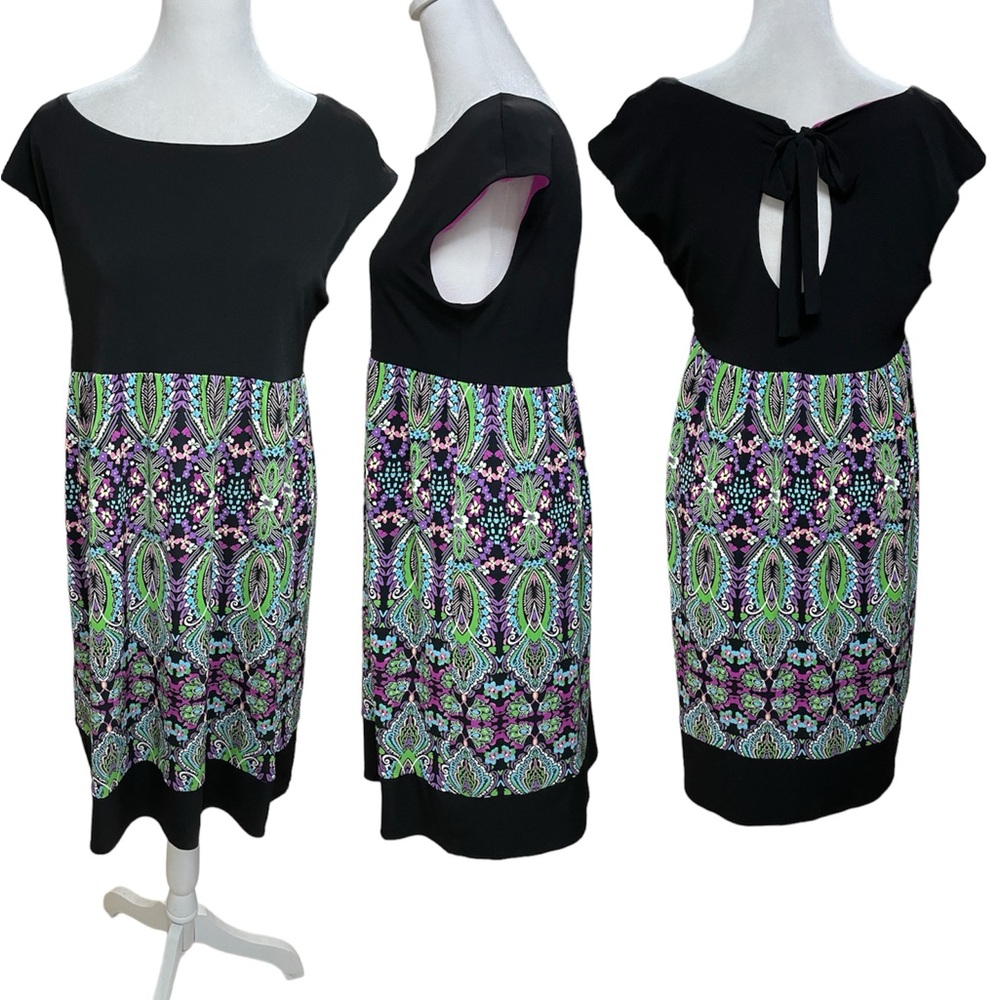 London Times Multicolor Cap Sleeve Above the Knee Dress Keyhole Back Size 10